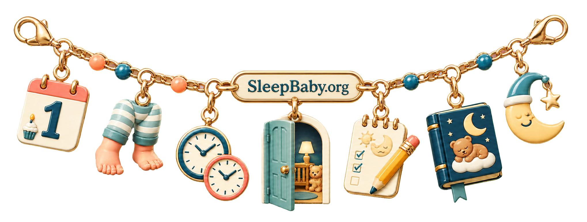 A first-birthday charm ribbon links standing feet, two nap clocks, a doorway, observation note, bedtime book, and moon