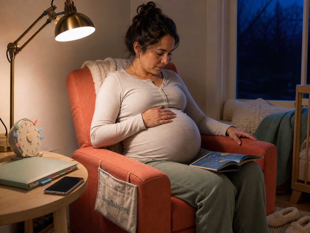 A pregnant adult notices one evening tightening beside an irregular clock, pregnancy calendar, phone, slippers, and warm reading lamp