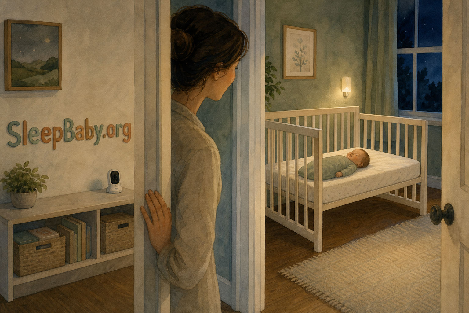 A caregiver checking from a nursery doorway while a baby sleeps on their back in a bare crib