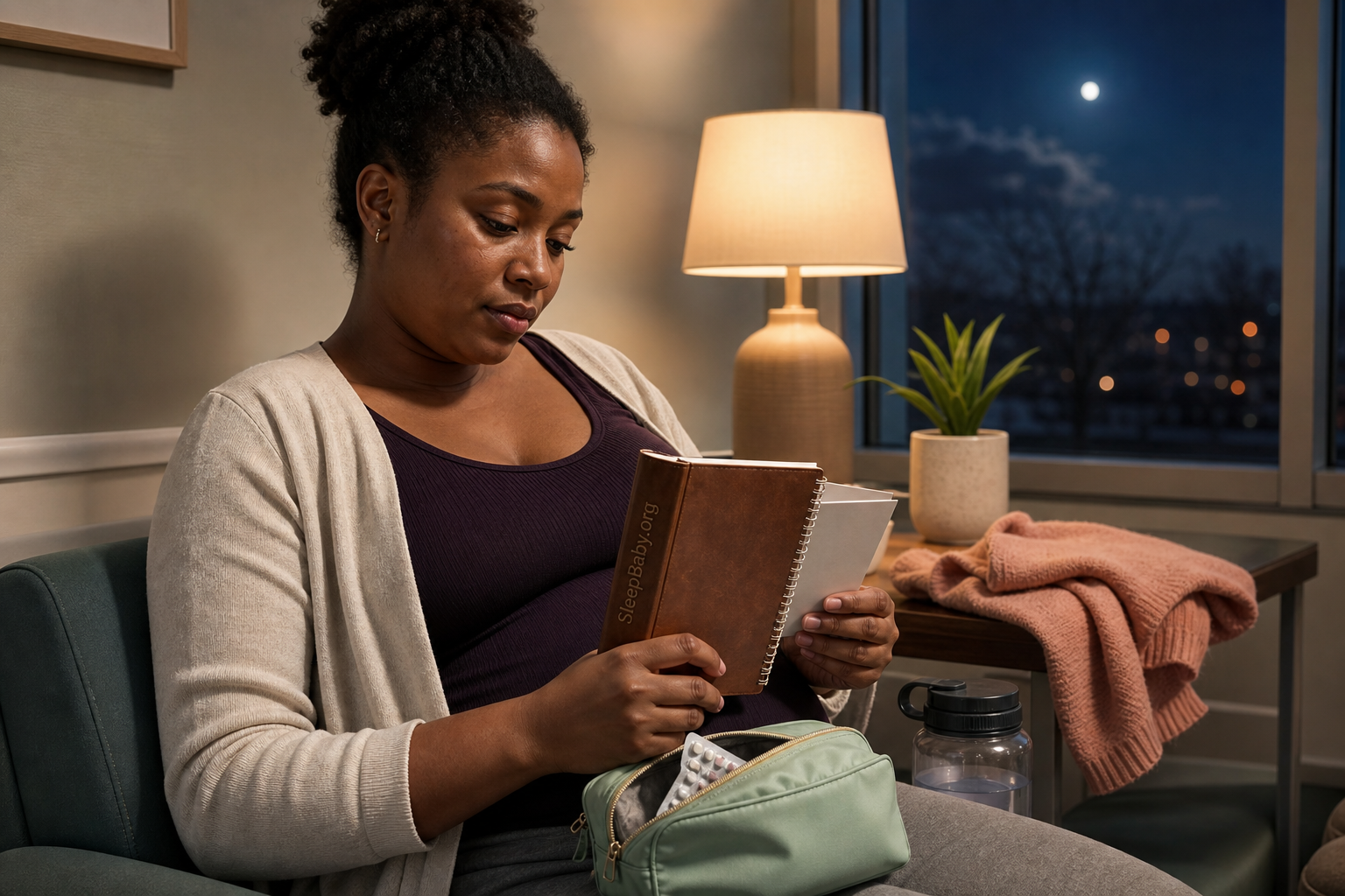 A pregnant adult reviews appointment papers and a question notebook in an evening clinic lounge with water and a zipped medication pouch.
