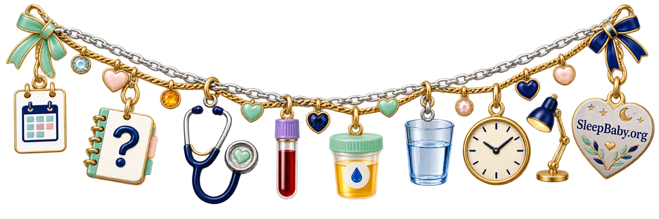 A silver-and-gold first-visit strand carries an appointment card, question notebook, stethoscope, lab samples, water, clock and small lamp.
