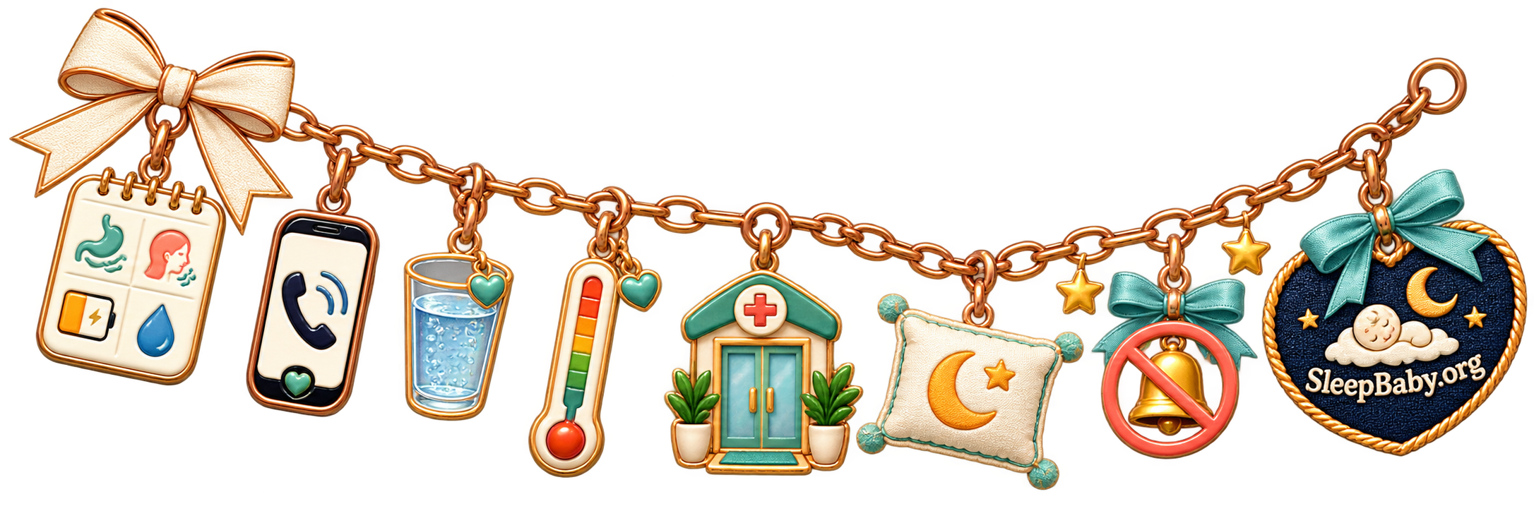 A copper action-to-rest charm strand moves from symptom notes, a care phone, water and thermometer to a clinic, pillow and do-not-disturb bell.