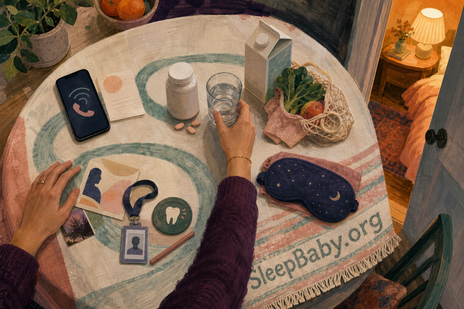 An evening first-trimester checklist circles care calls, prenatal vitamins, water, groceries, support, work and dental planning before a sleep mask and lit bedroom.