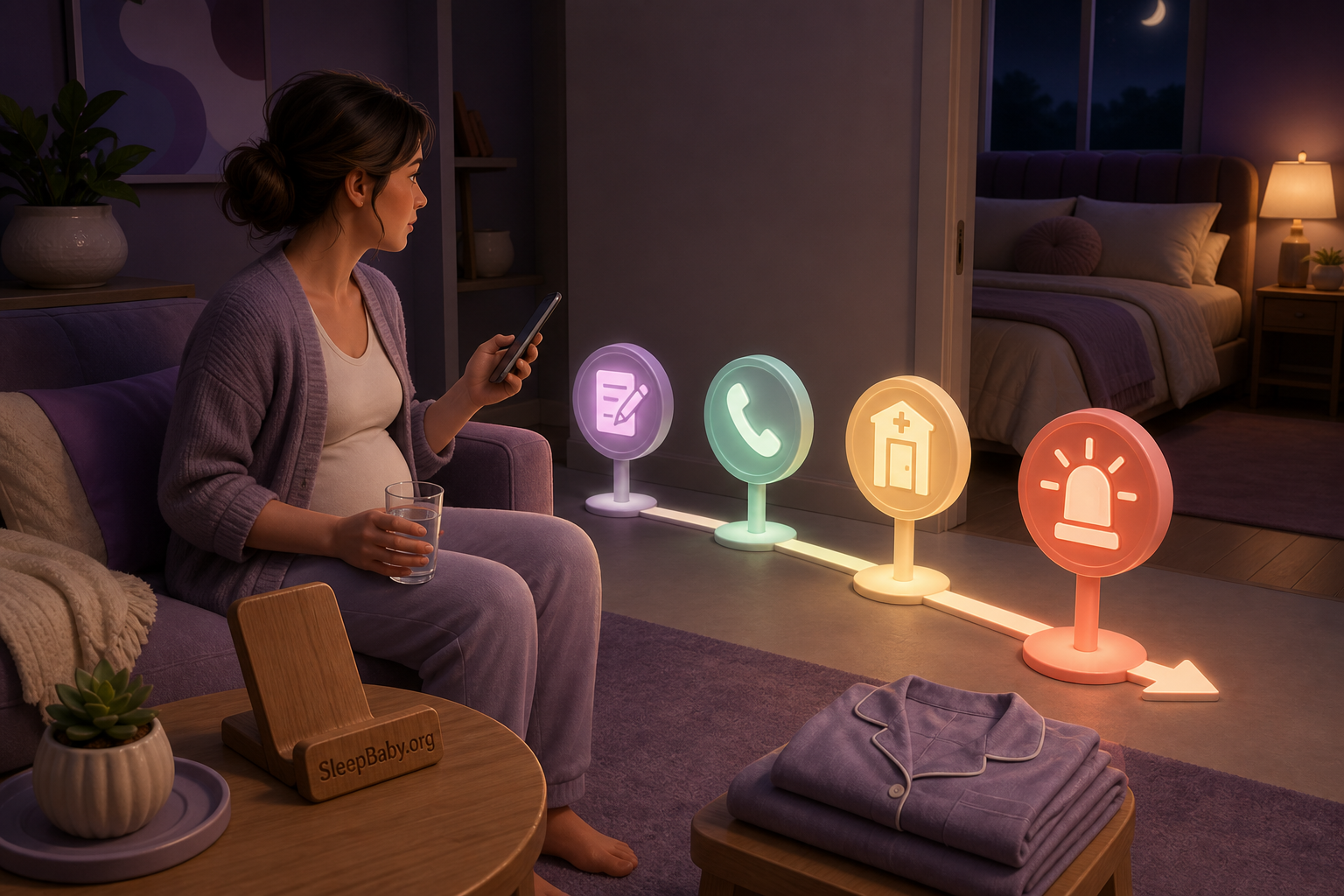 A pregnant adult with phone and water faces four illuminated nighttime care steps for noting a symptom, calling, visiting a clinic or seeking emergency help.