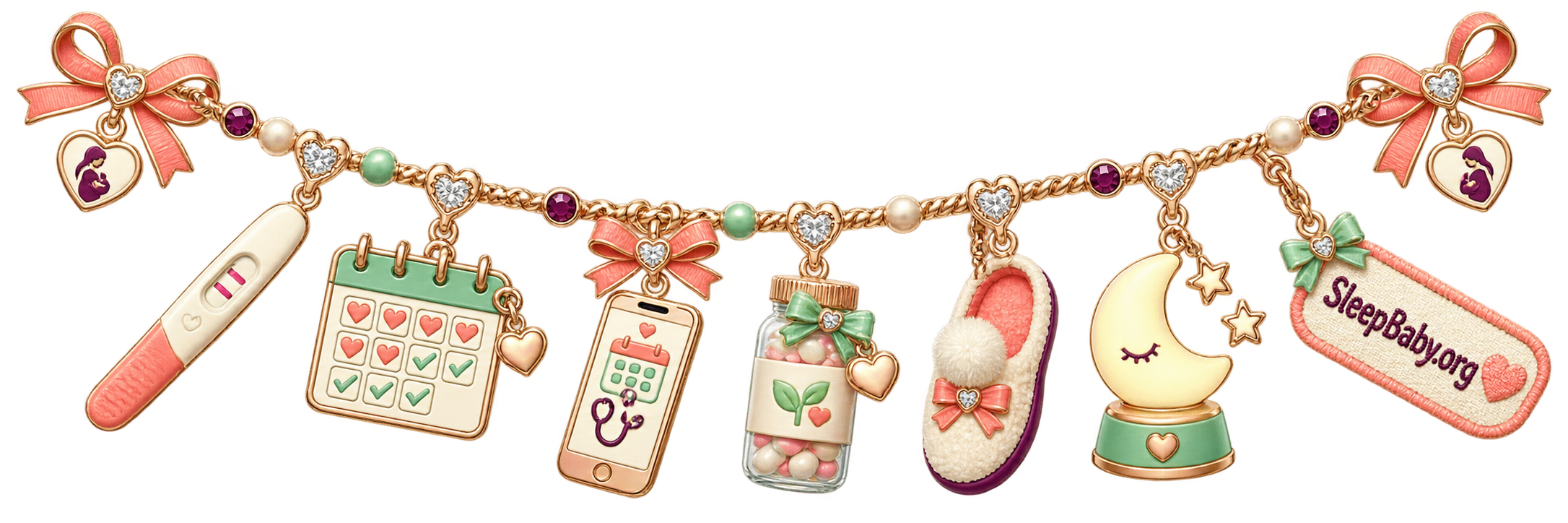 A rose-gold first-trimester charm strand links a positive test, calendar, appointment phone, prenatal bottle, slipper and glowing nightlight.