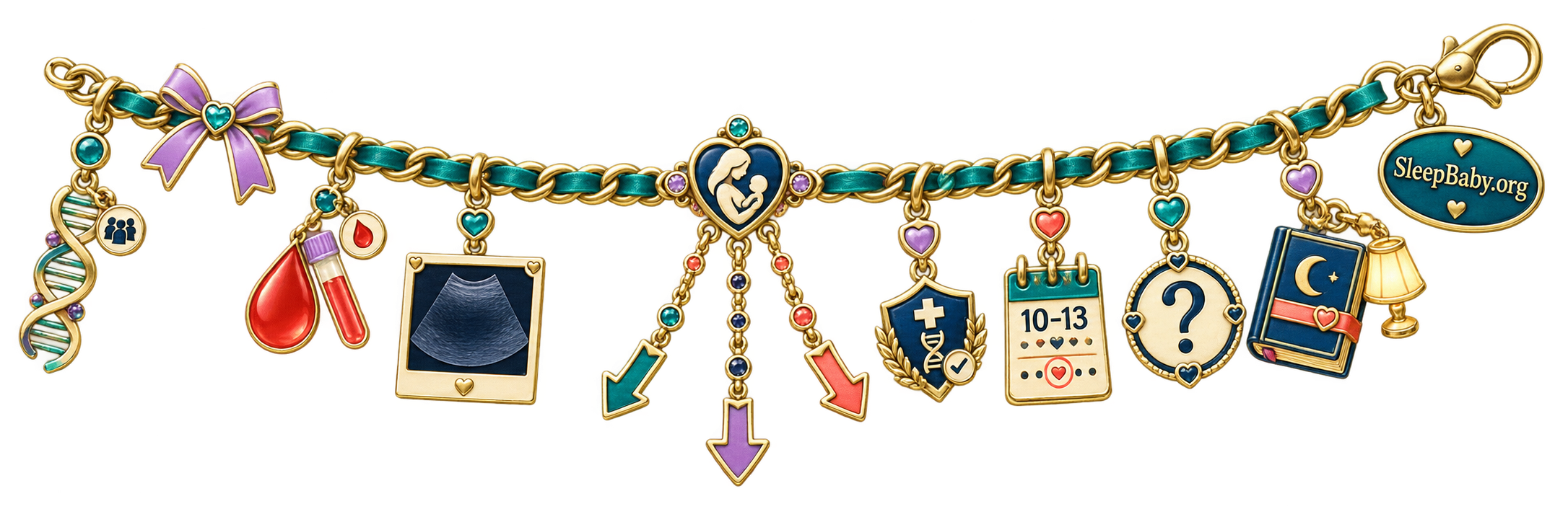 A teal-and-gold testing-choice strand links a helix, blood sample, ultrasound frame, three-way fork, shield, weeks 10-13 calendar, question token and bedtime book.