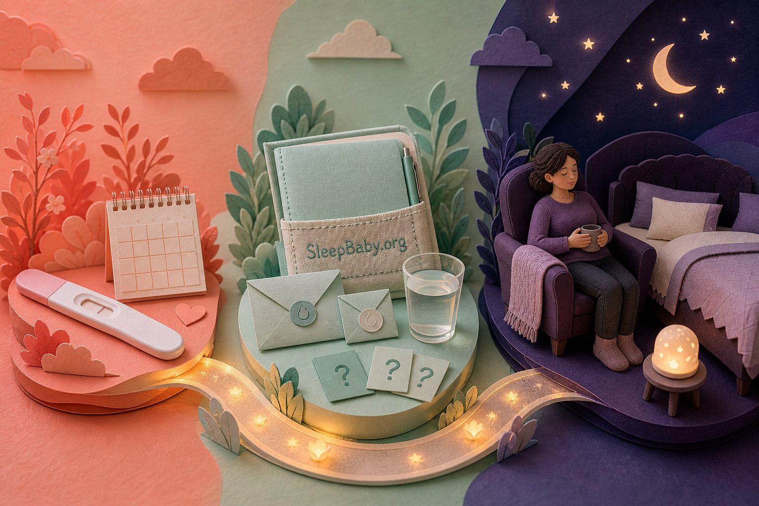 A paper-cut first-trimester path moves from a positive test and calendar through appointment questions to a pregnant adult resting beside a made bed.