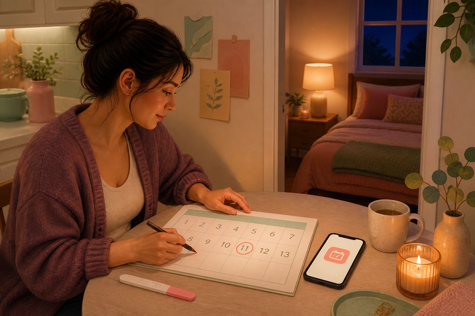 A pregnant adult marks weeks 1 through 13 beside a positive test and appointment phone while a softly lit bedroom waits beyond.
