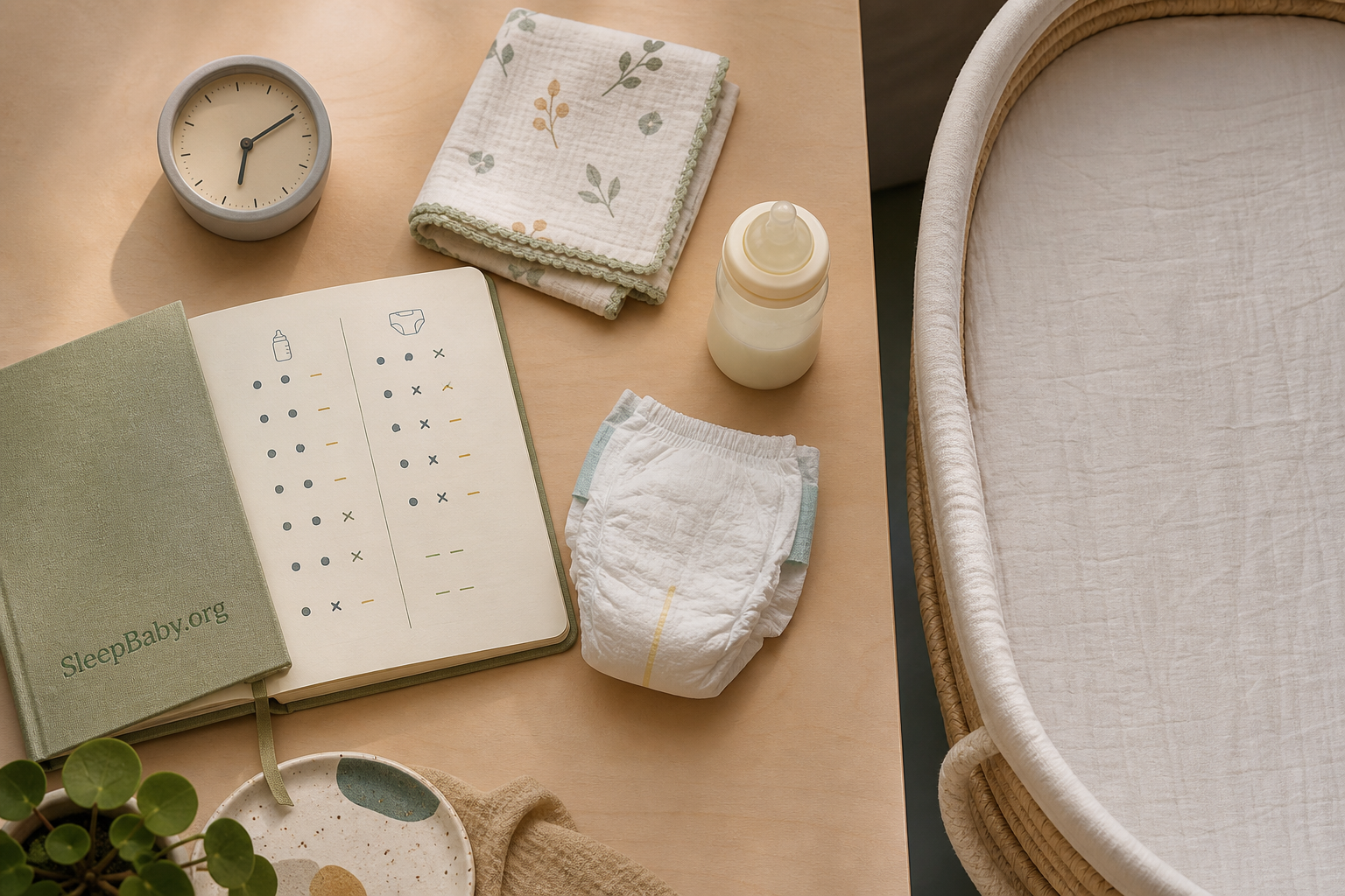 A SleepBaby.org feeding log, dim clock, clean diaper, milk bottle, and nursing cloth sit outside an empty bassinet