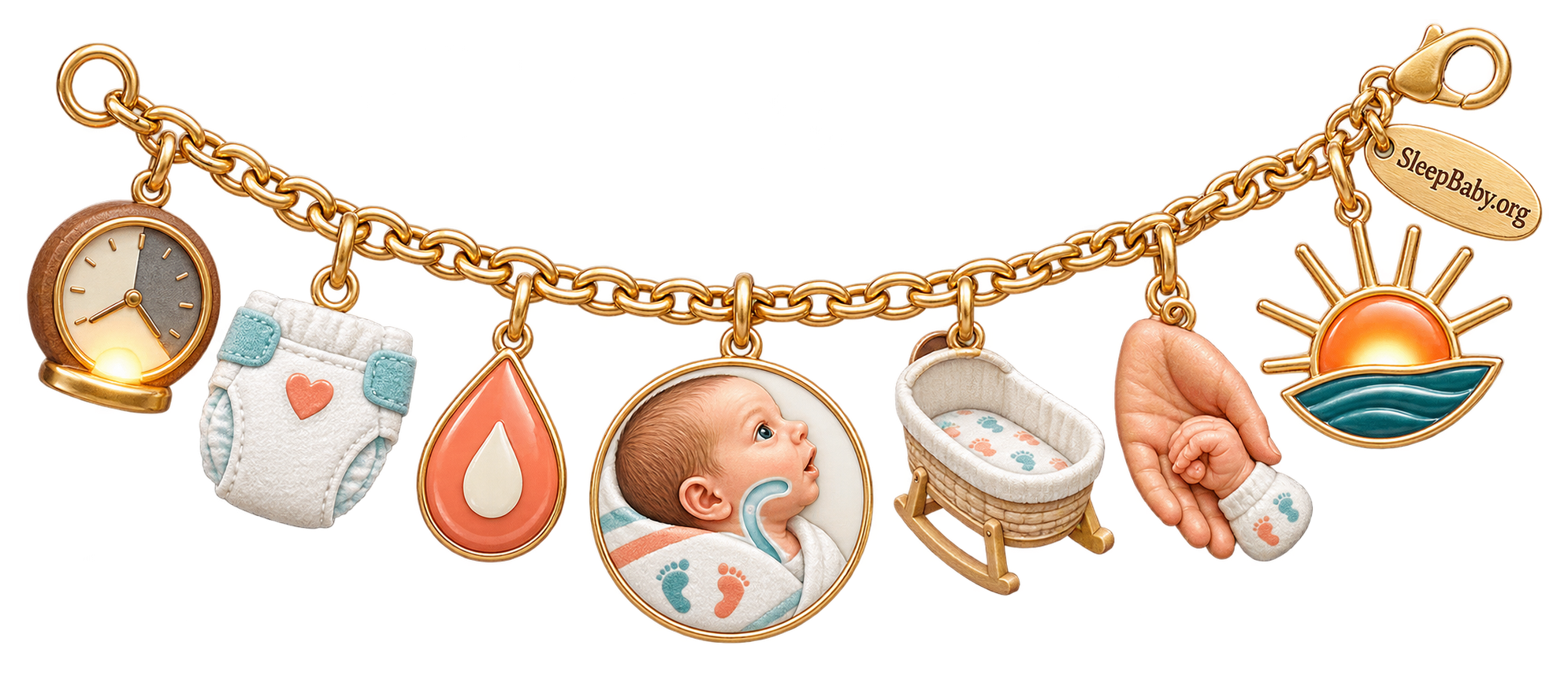 A gold care-loop strand links a dim clock, clean diaper, milk drop, alert newborn, bare bassinet, steady hand, and sunrise