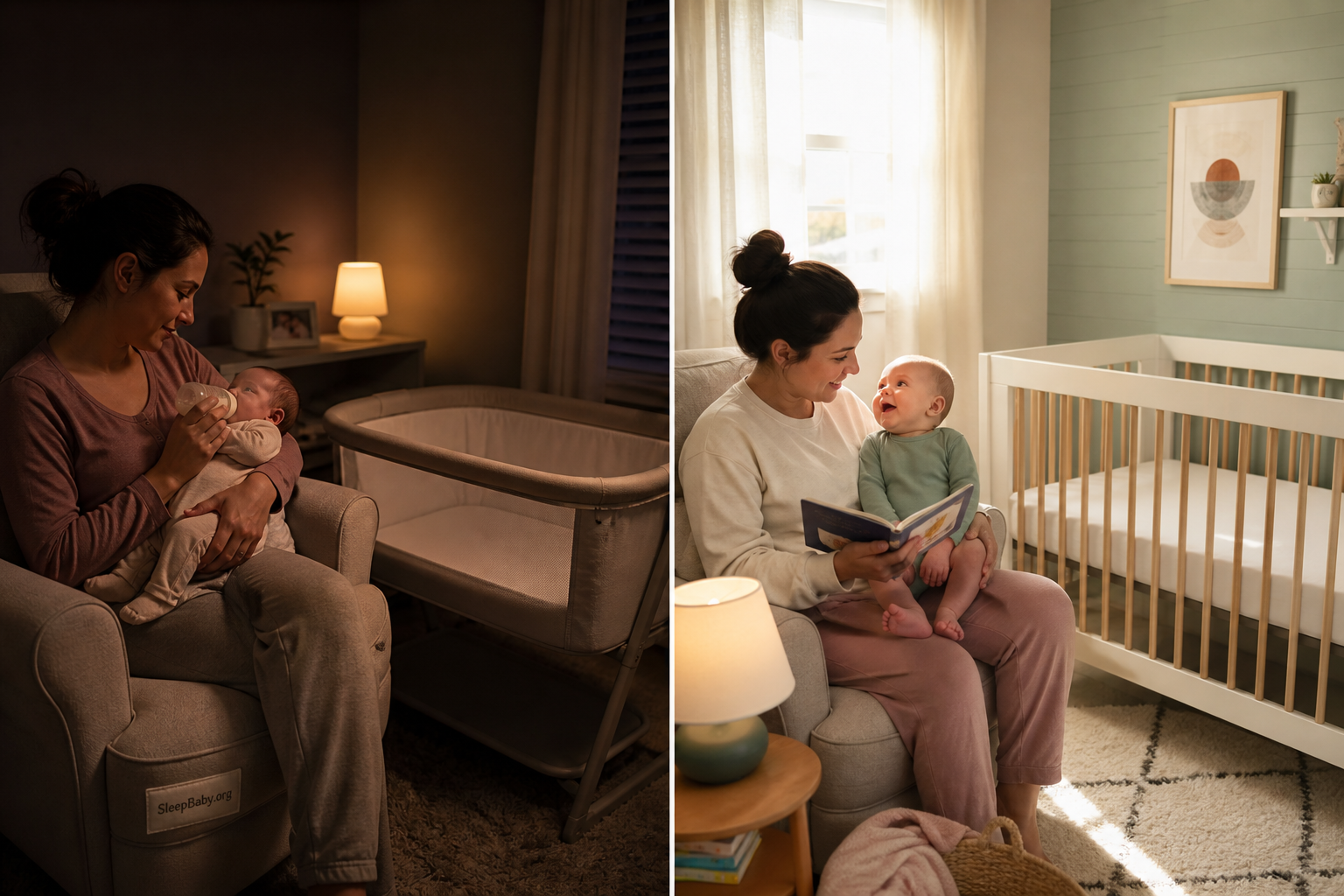 Split scene shows dim newborn night feeding beside a later morning curtain and simple bedtime book near a safe empty crib