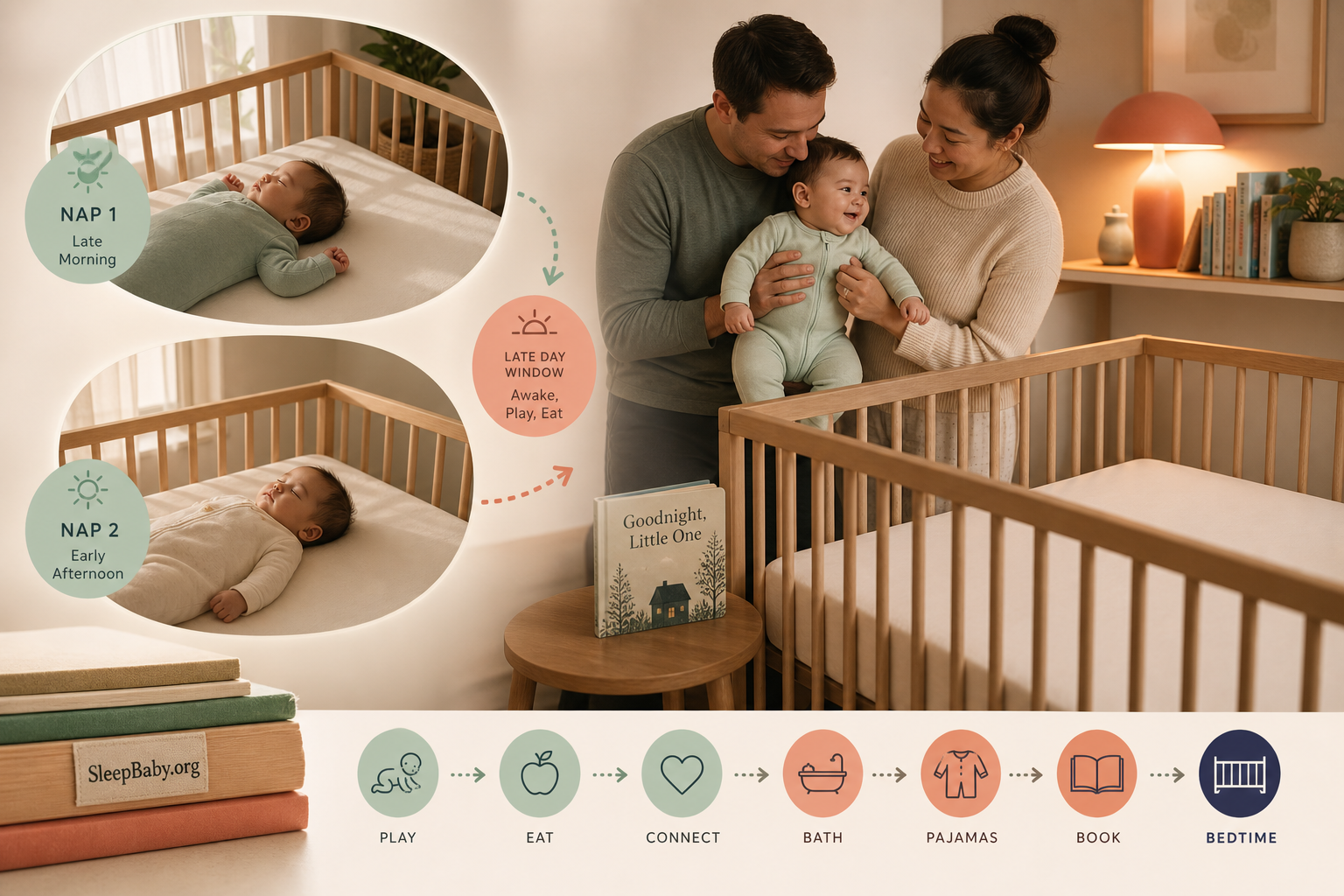 Two-nap day flows through morning play and afternoon rest into pajamas, a dim lamp, and a safe empty crib