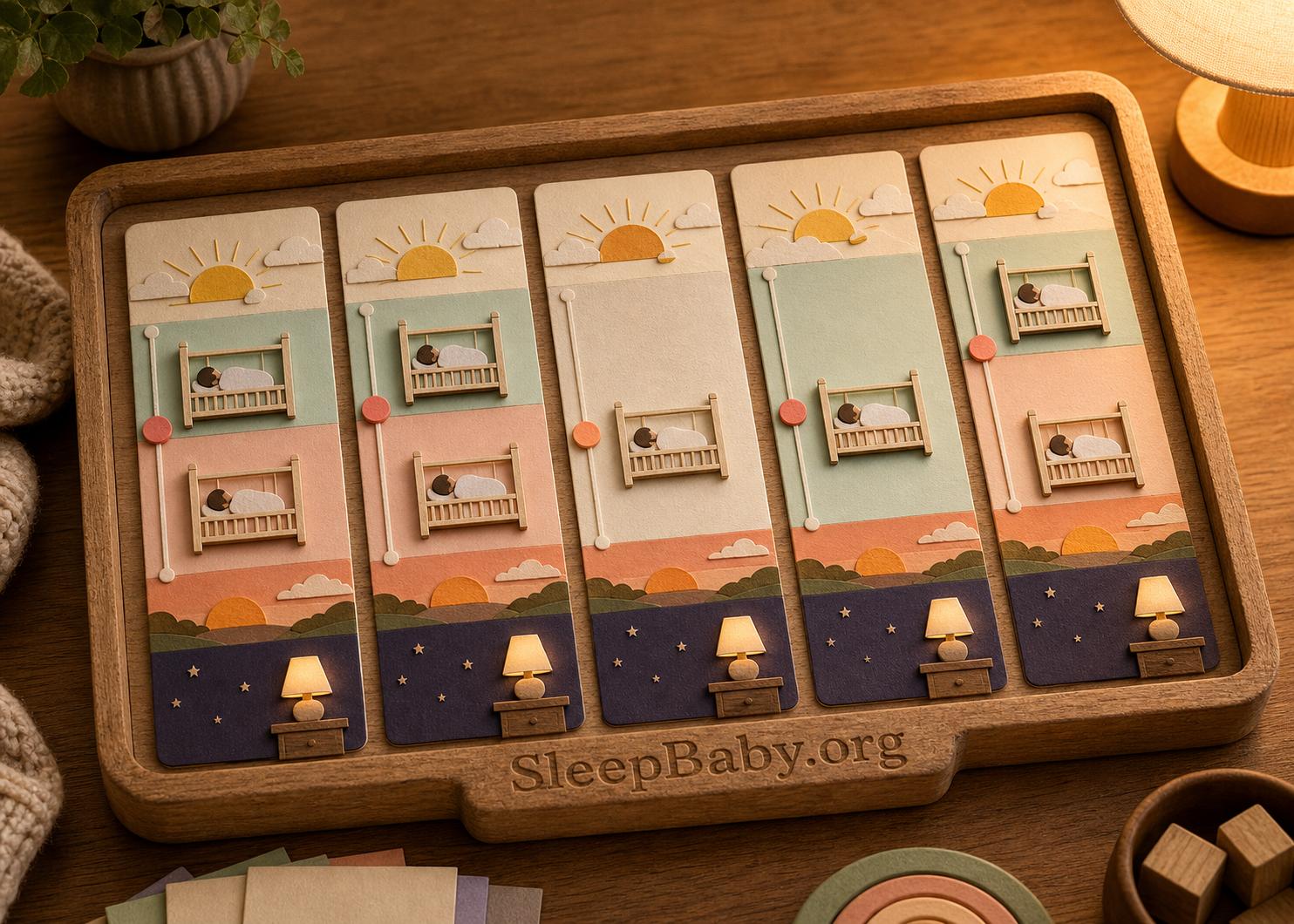 A tactile five-day nap-pattern board compares one-nap and two-nap paths with safe crib and bedtime cues and SleepBaby.org branding.