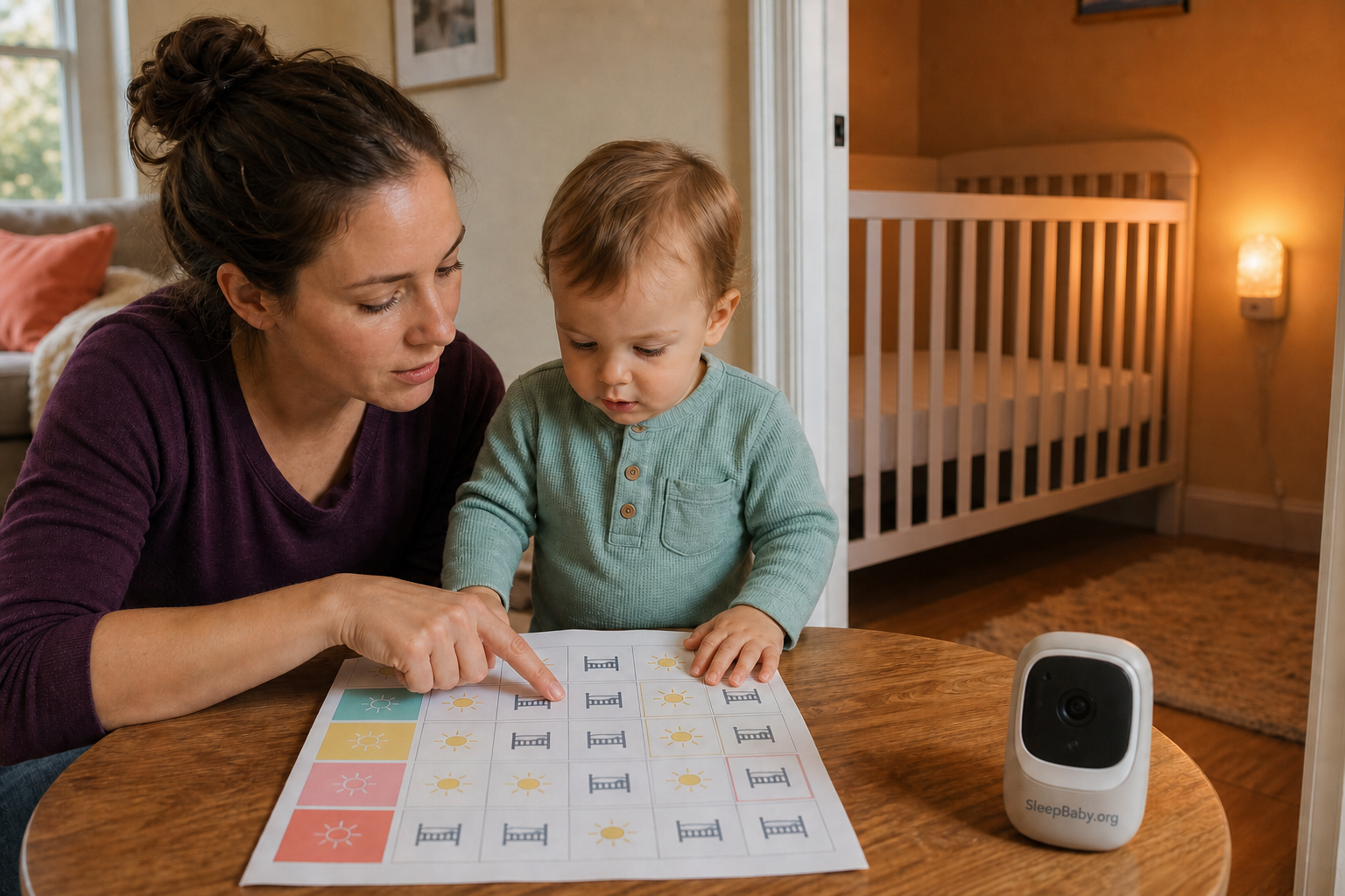A caregiver and awake one-year-old review a five-day nap chart beside a SleepBaby.org monitor, with an empty crib and warm nightlight visible in the nursery.
