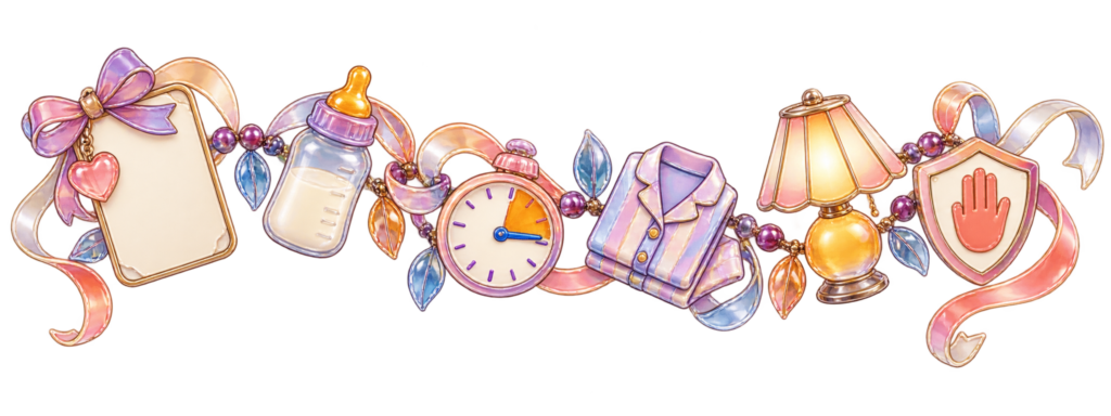 A plan card, feeding bottle, timer, pajamas, lamp and stop-hand shield form a safety ribbon.