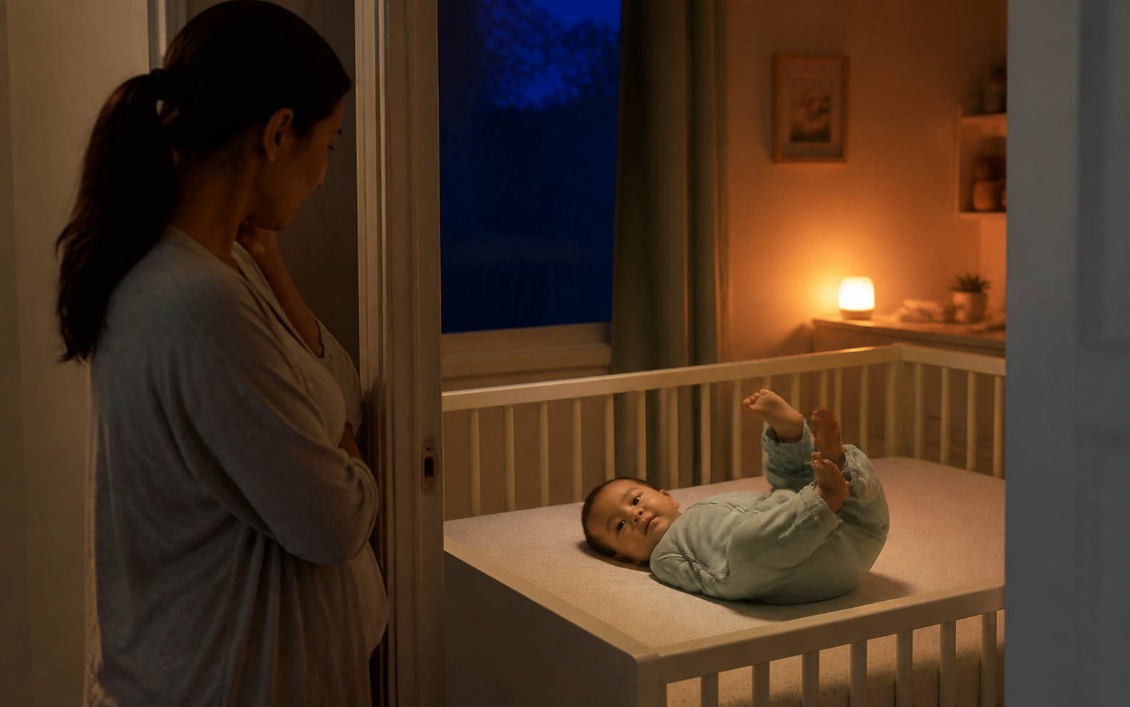 Caregiver at a nursery doorway watching an awake five-month-old on the back in an empty crib