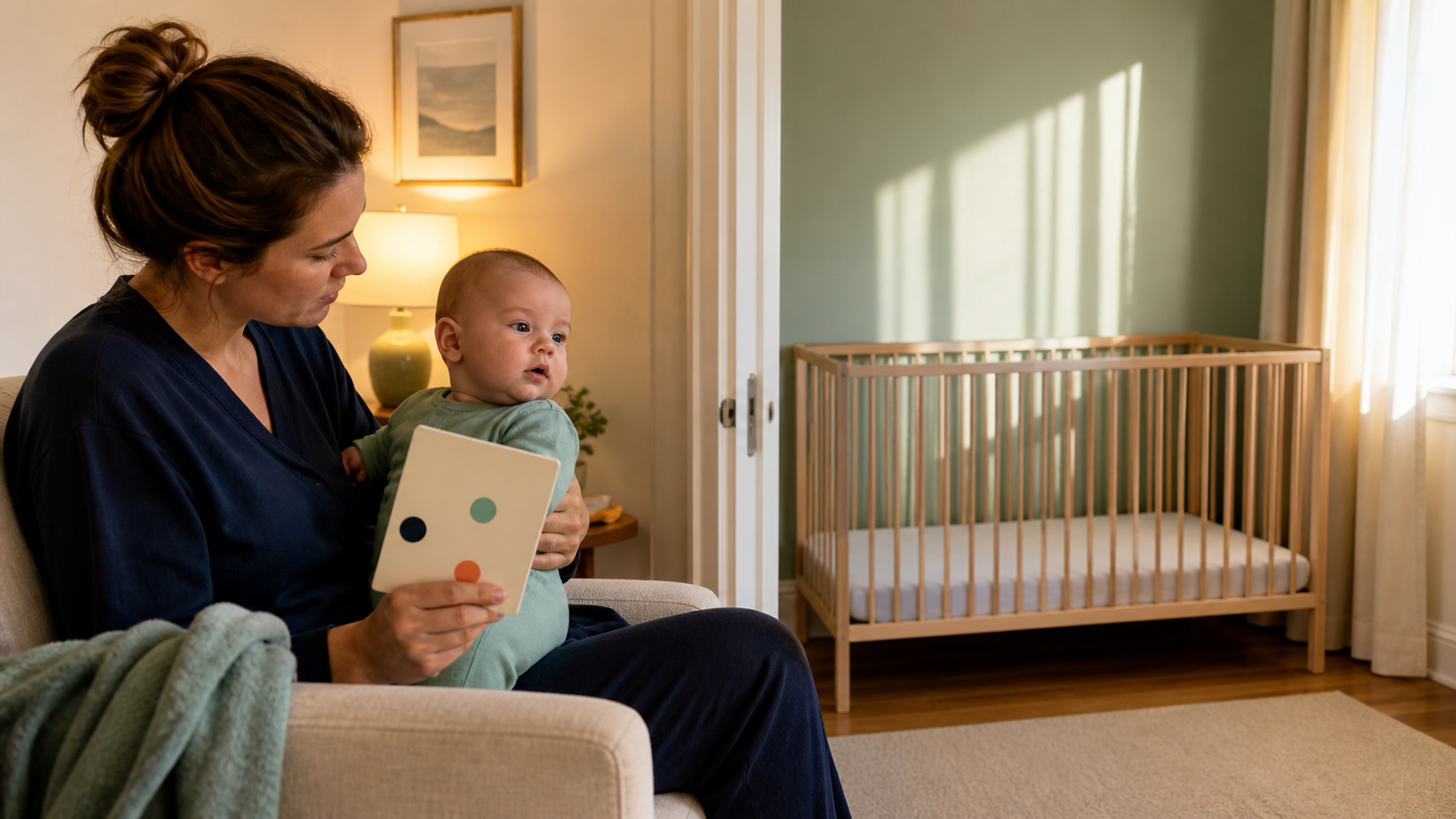Parent holding an awake five-month-old with a flexible nap card beside an empty crib in morning light