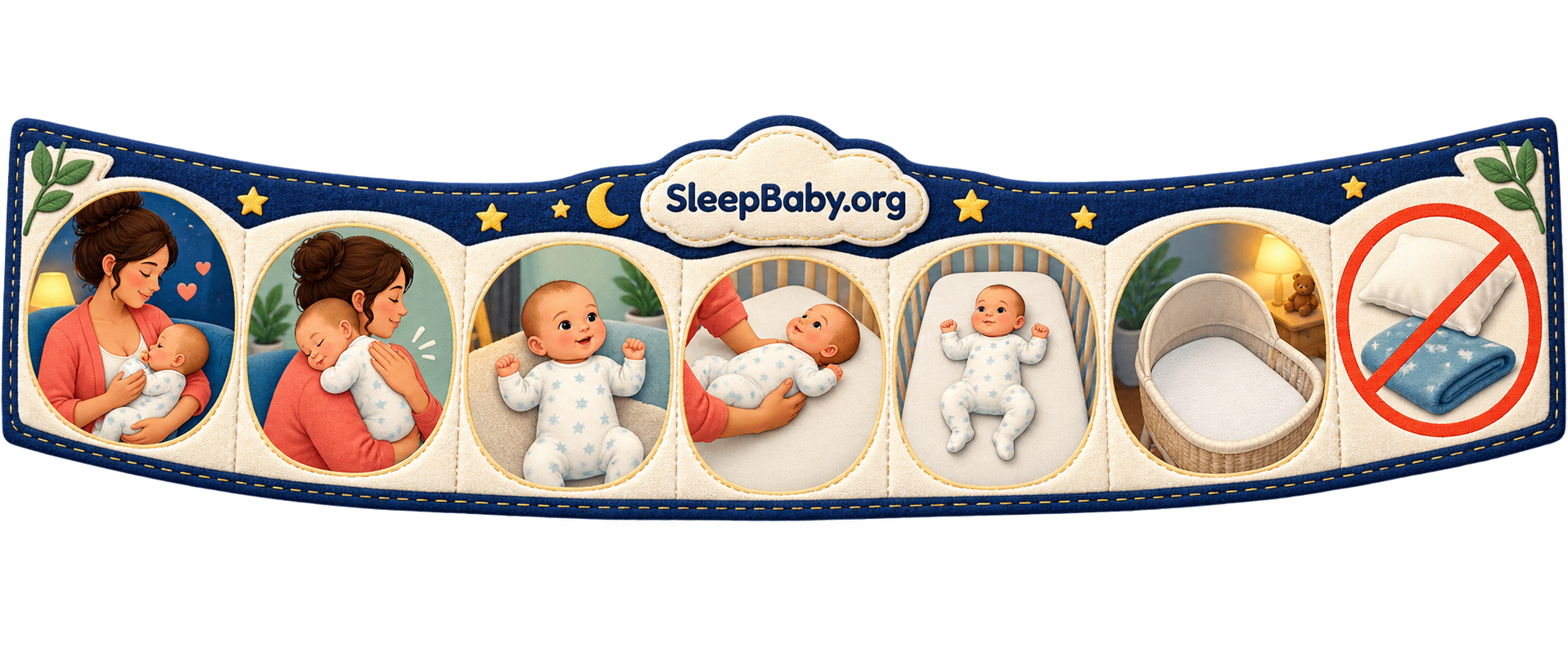 SleepBaby teaching rail showing an awake baby placed on the back on a firm flat clear infant sleep surface