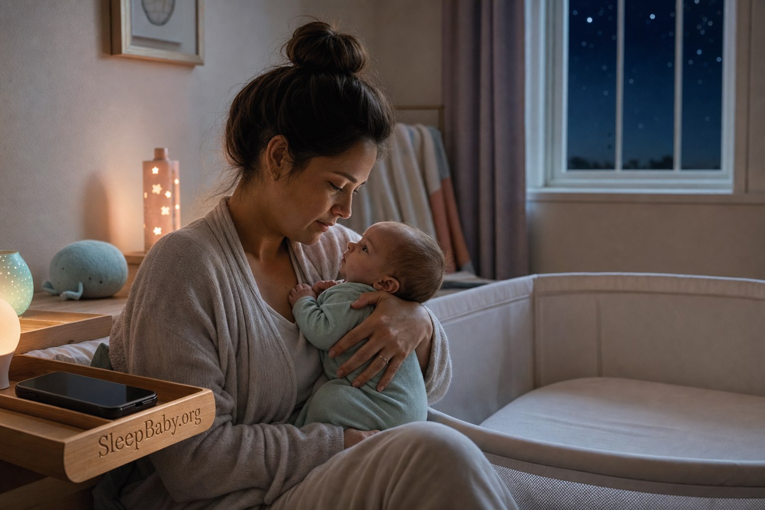 A caregiver supports an awake baby's head, neck, and body beside a bare bassinet while a phone rests in a wooden dock engraved SleepBaby.org.