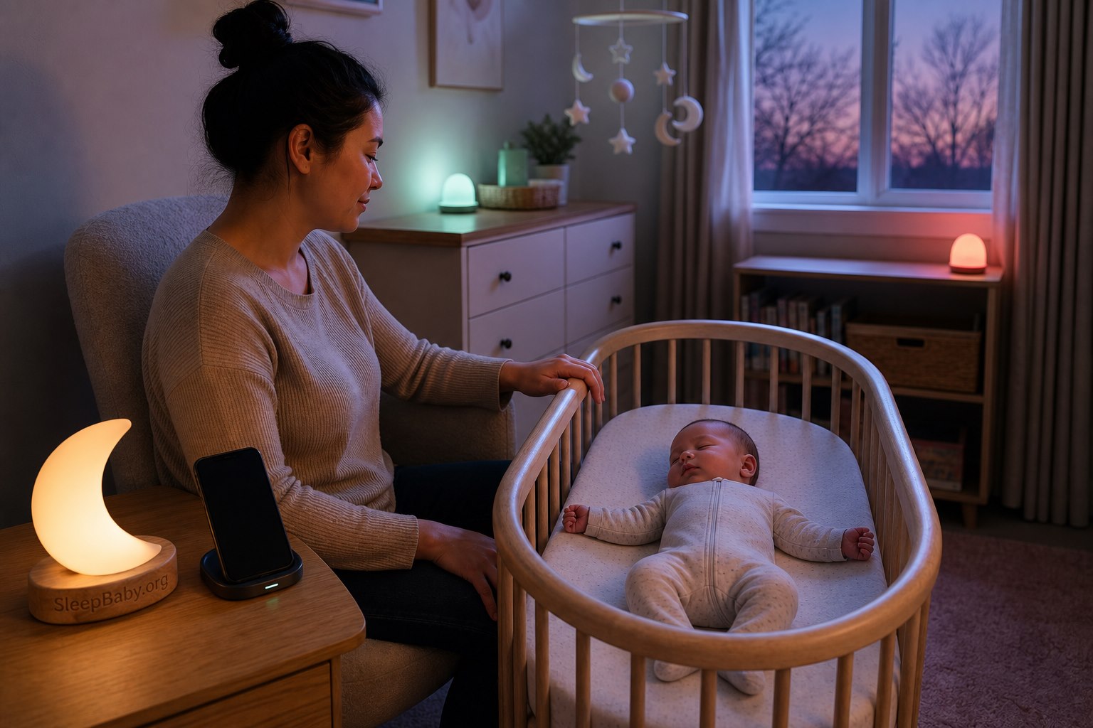 A caregiver watches an infant sleeping on the back in a bare bassinet while a phone is docked beside a crescent light engraved SleepBaby.org.