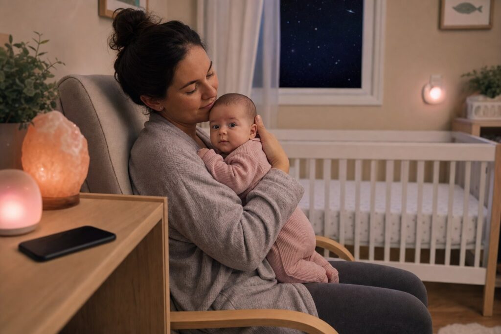 A caregiver safely supports an awake fully clothed baby beside a bare crib while a phone rests face down outside the sleep space.