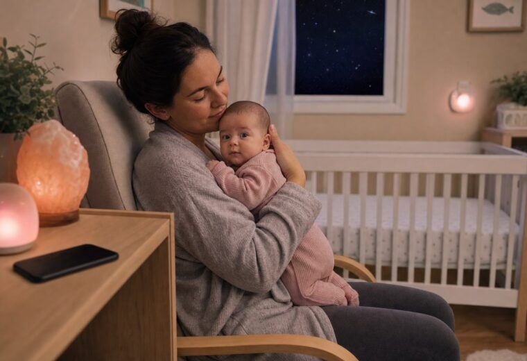 A caregiver safely supports an awake fully clothed baby beside a bare crib while a phone rests face down outside the sleep space.