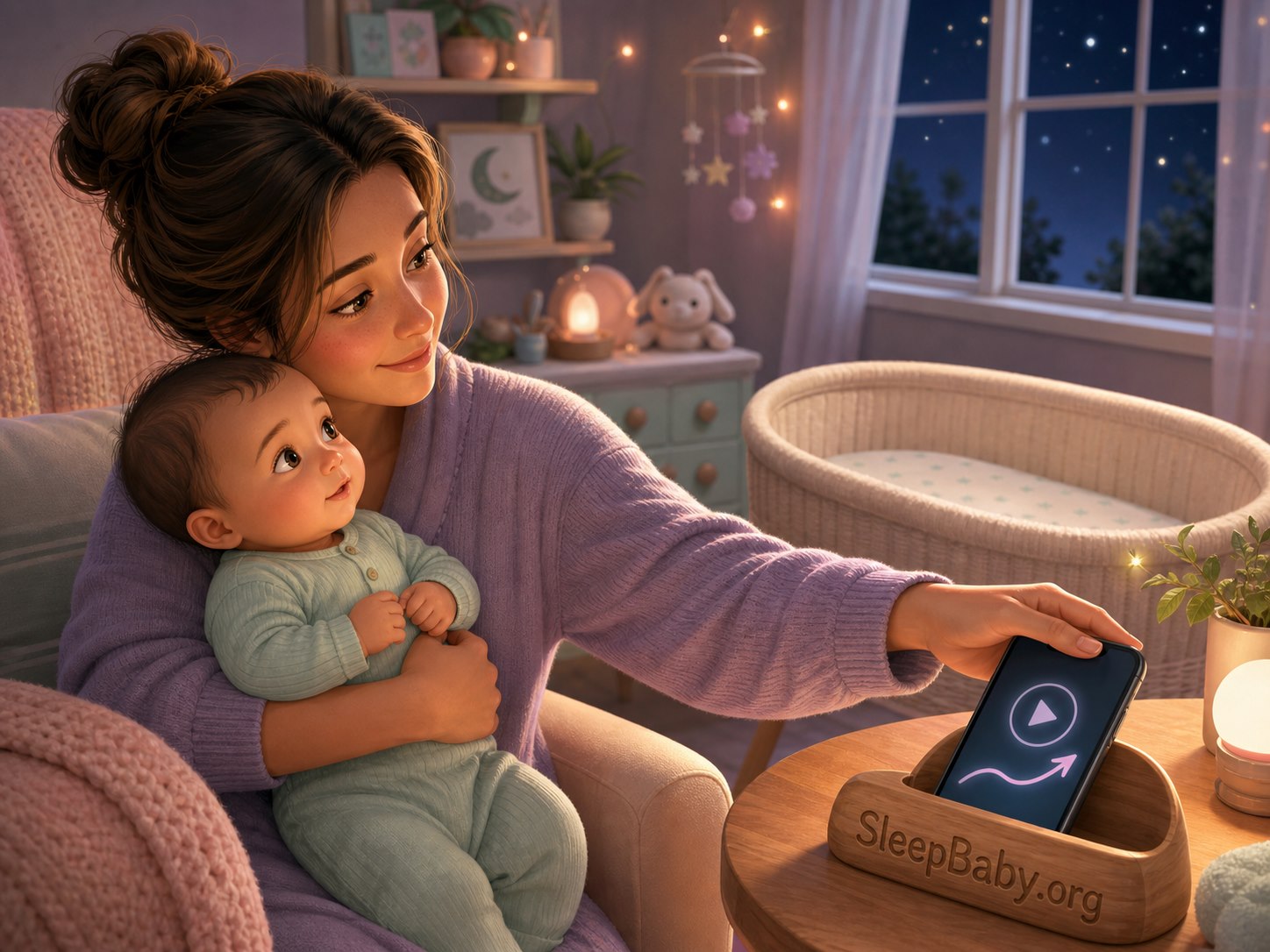 An illustrated caregiver securely holds an awake baby while placing a phone with an abstract play symbol into a wooden dock marked SleepBaby.org.