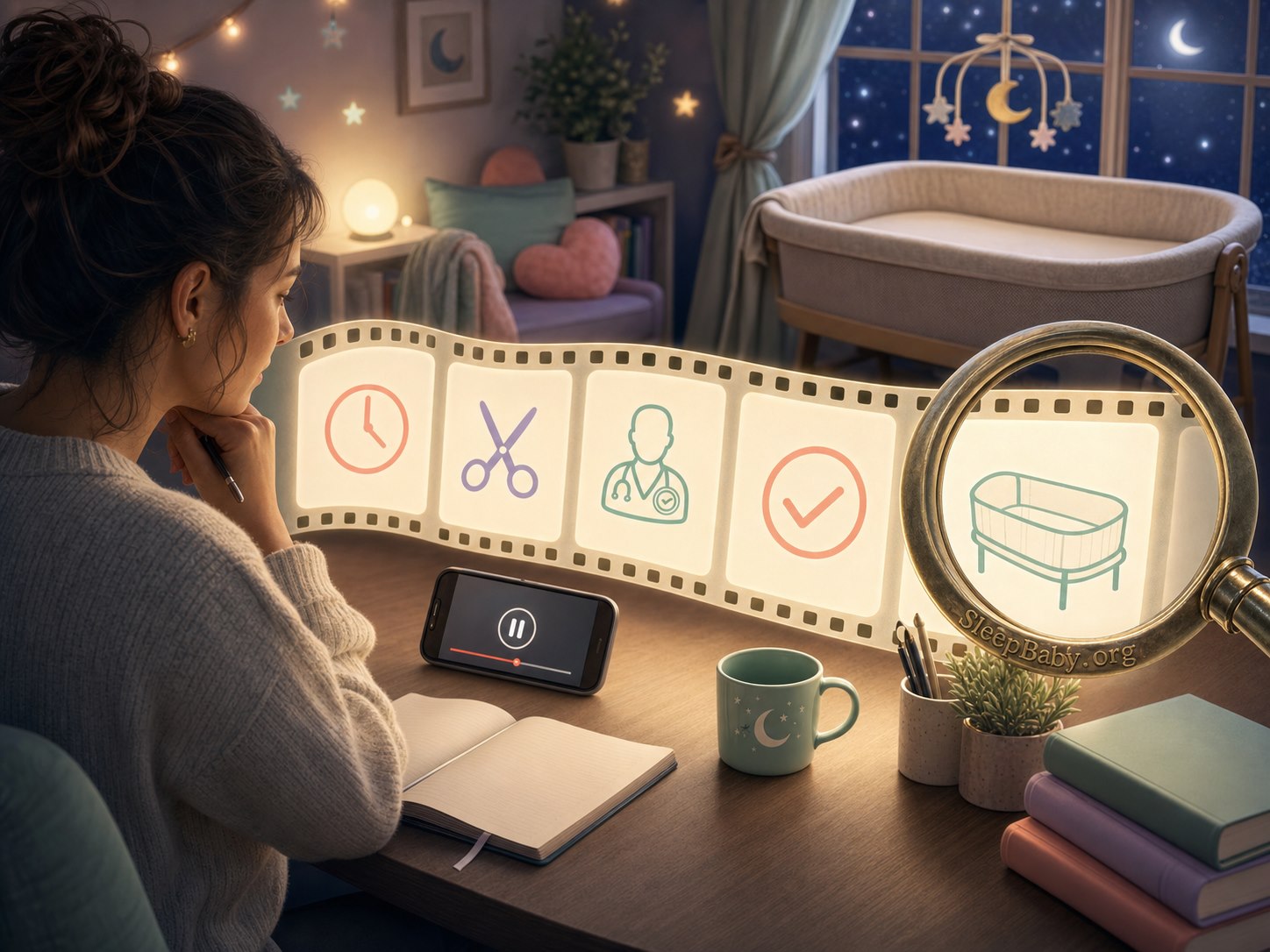 An illustrated caregiver studies a glowing filmstrip of timing, editing, clinician, outcome, and bassinet symbols through a brass lens marked SleepBaby.org.