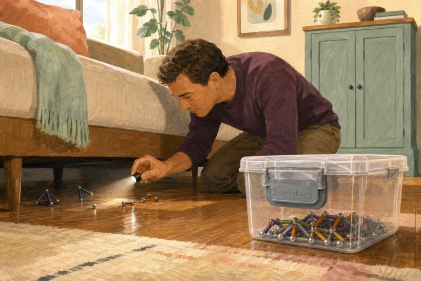An adult finds magnetic construction pieces beneath a sofa and moves them into a clear latching storage bin.