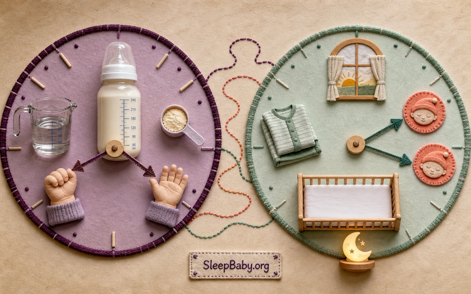 A tactile SleepBaby.org teaching scene shows a formula clock with measured water, bottle, scoop, hunger fist, and relaxed hand beside a sleep clock with morning light, pajamas, nap markers, moon lamp, and bare crib.