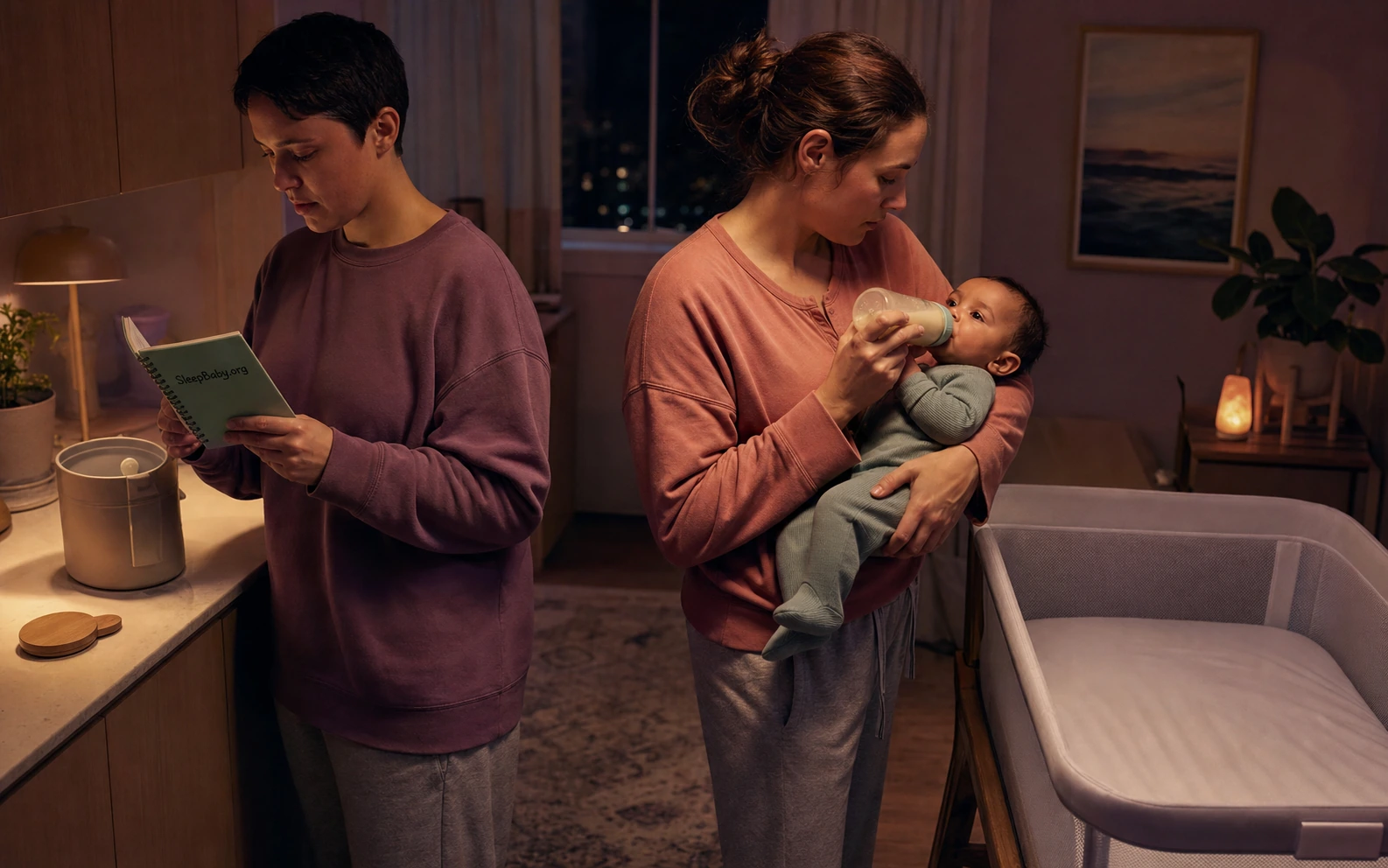 An original SleepBaby.org nighttime scene shows one caregiver offering an angled bottle to an awake baby while another checks a written handoff beside a dim preparation station and clear bassinet.