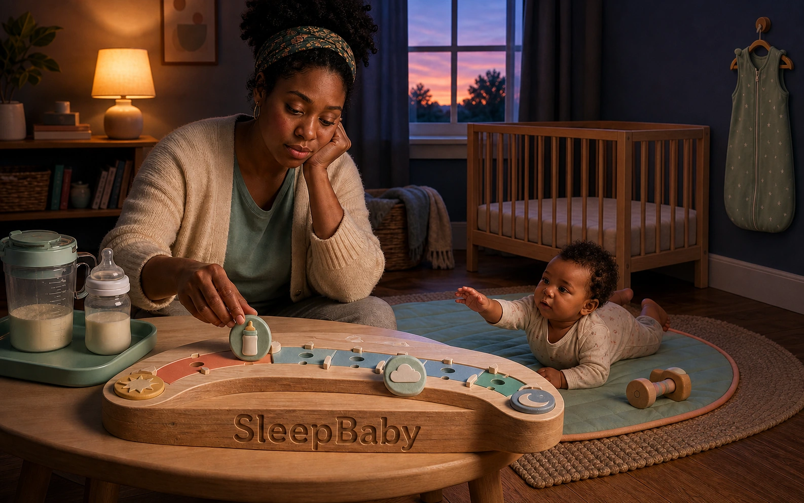 A caregiver moves a bottle marker along a curved SleepBaby day board while her awake baby plays nearby, beside formula supplies and a bare crib.