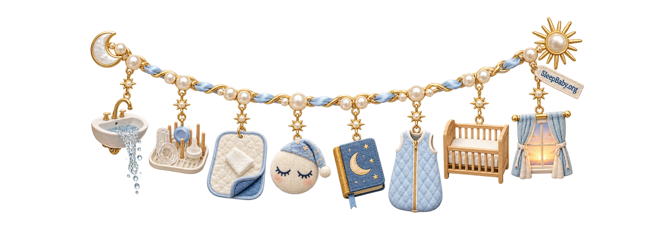 A pearl-gold dawn charm rail moves from sink cleanup and separated bottle parts through a wipe-clean mat, sleepy cue, bedtime book, sleep sack, bare crib, and sunrise curtain.