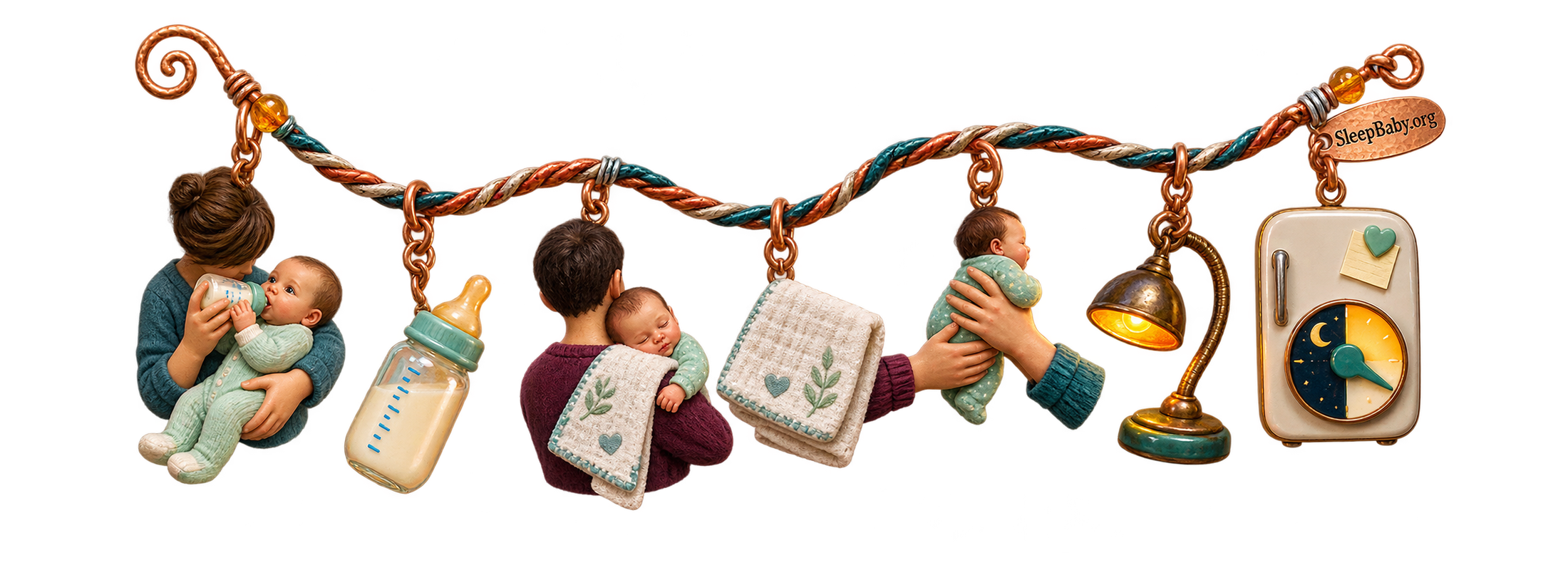 A braided copper charm rail links an awake semi-upright bottle feed, angled bottle, shoulder burp, folded burp cloth, caregiver handoff, amber lamp, and refrigerator feed-start marker.