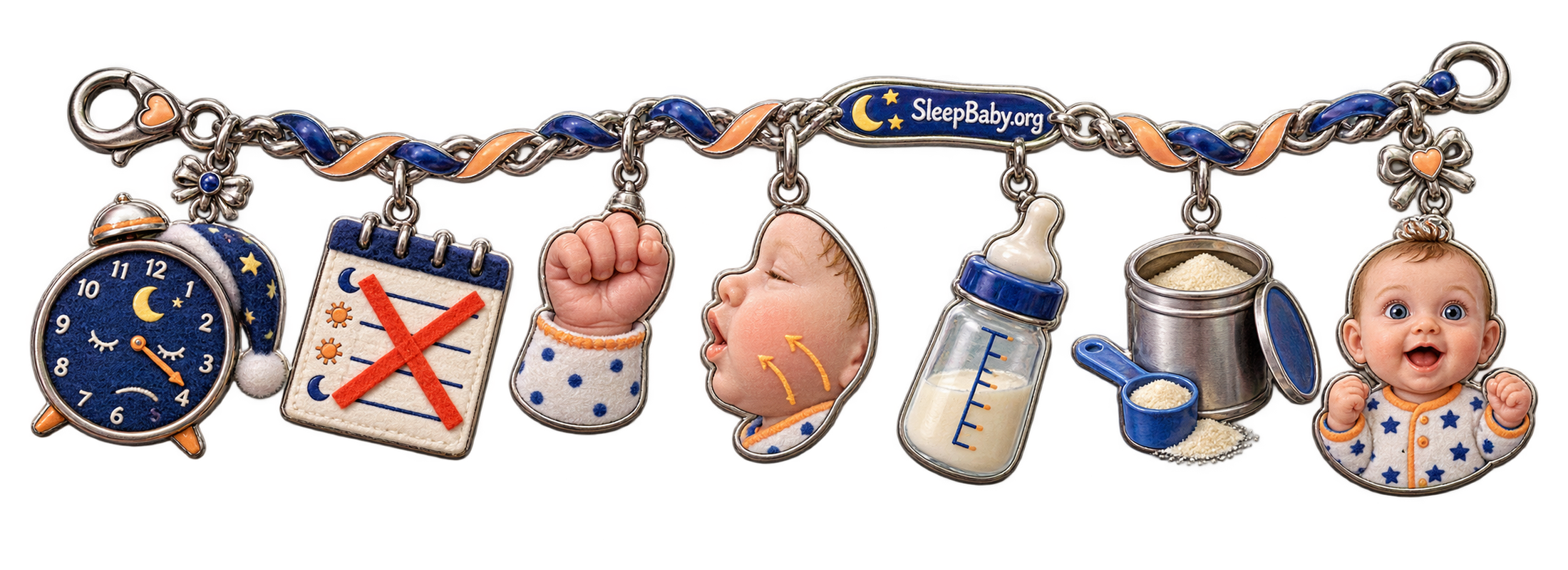 A pewter charm rail moves from a crooked night clock and crossed-out feed timetable through a clenched fist, rooting cheek, measured bottle, formula scoop, and wide-awake baby.