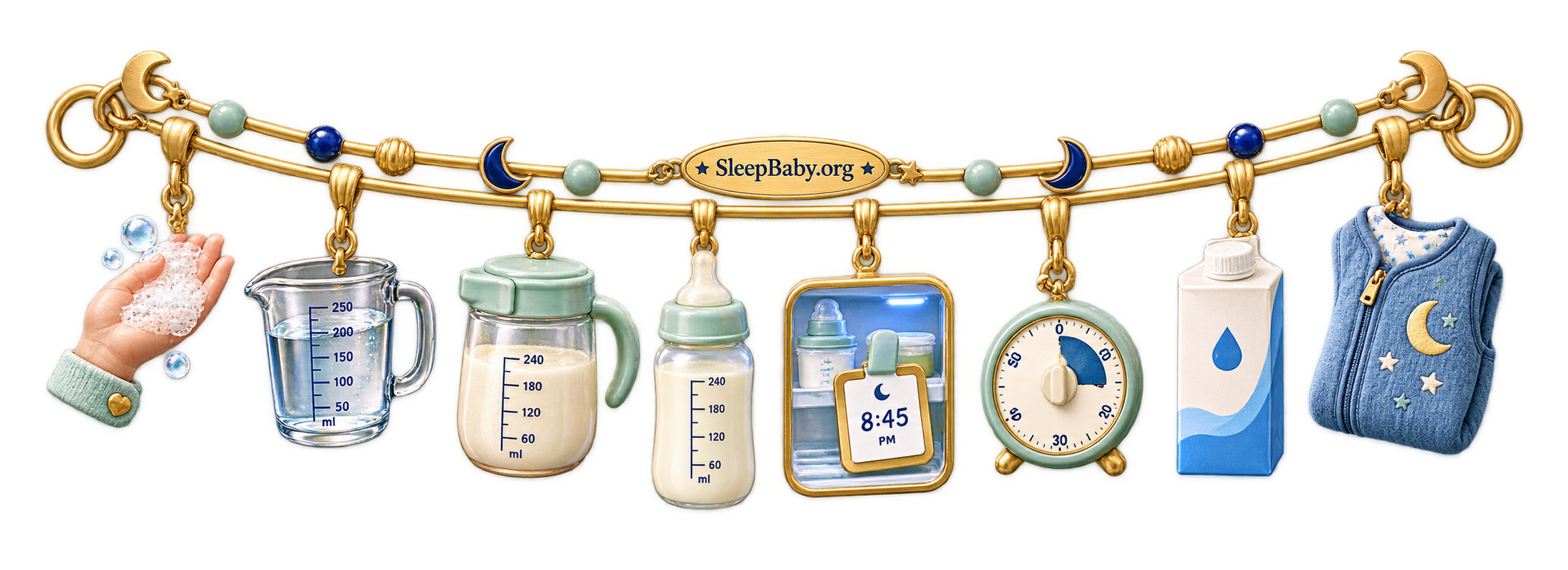 A gold double-arc charm rail links a clean hand, water-first measure, sealed mixing pitcher, capped bottle, refrigerated formula, preparation timer, ready-to-feed carton, and folded sleep sack.
