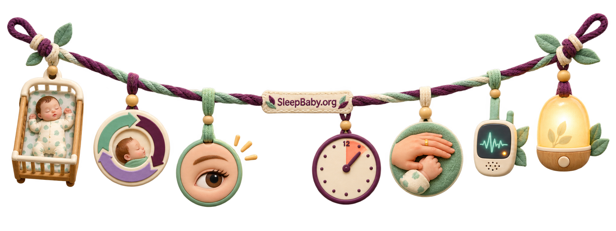 Transparent cycle-seam ribbon with a sleeping baby, opening eye, clock, soothing hand, monitor, and nightlight.