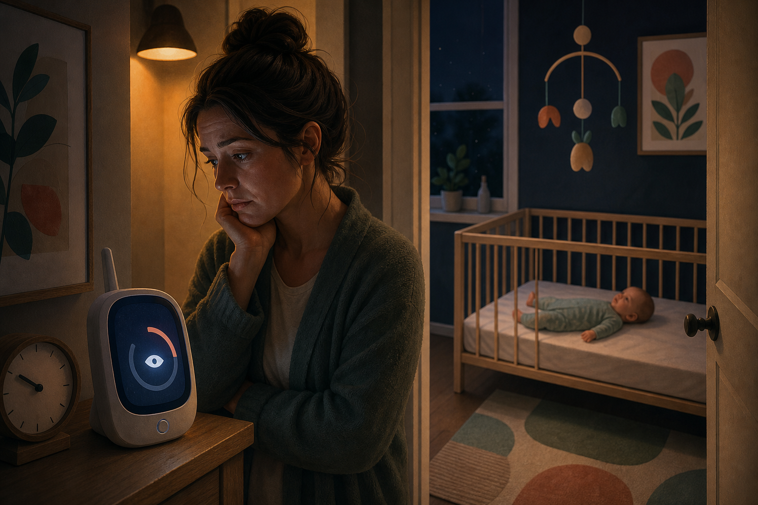 Mother checks a baby monitor while her awake four-month-old lies safely in an empty crib.
