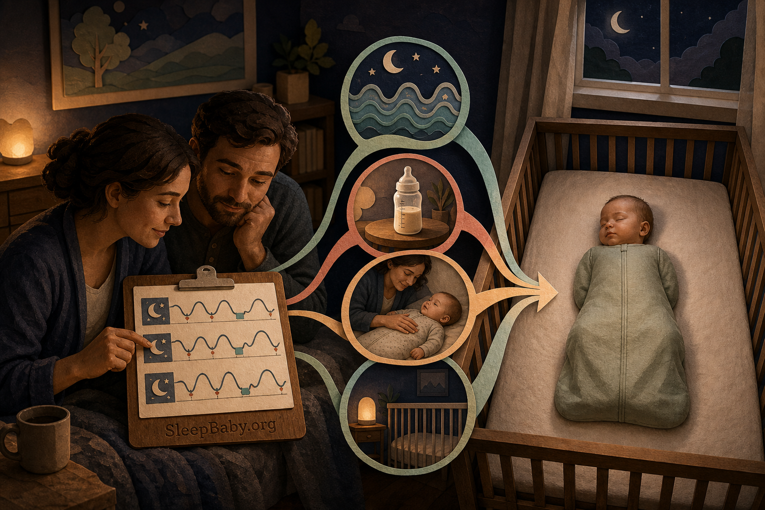 Parents study a three-night wake map beside their safely sleeping four-month-old in an empty crib.