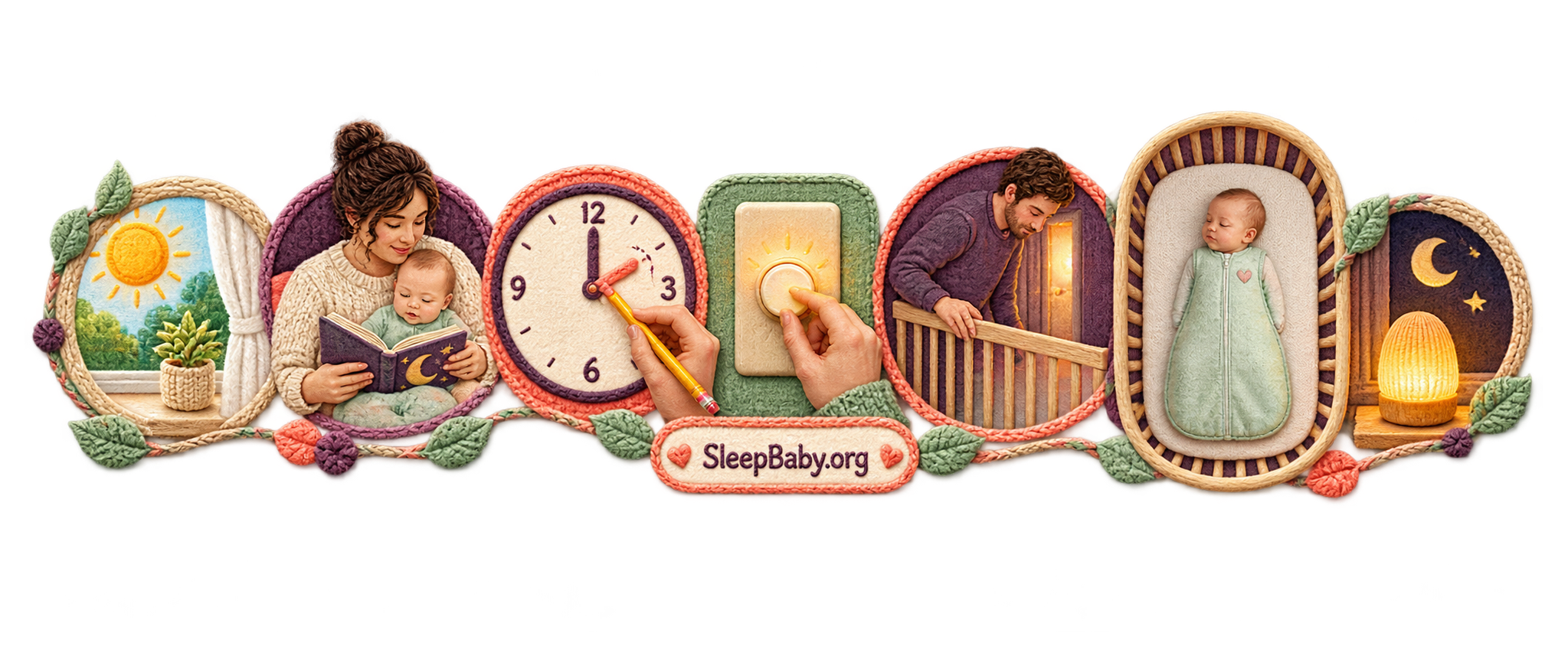 Transparent one-change ribbon with a bedtime book, adjusted clock, light switch, crib check, sleeping baby, and nightlight.