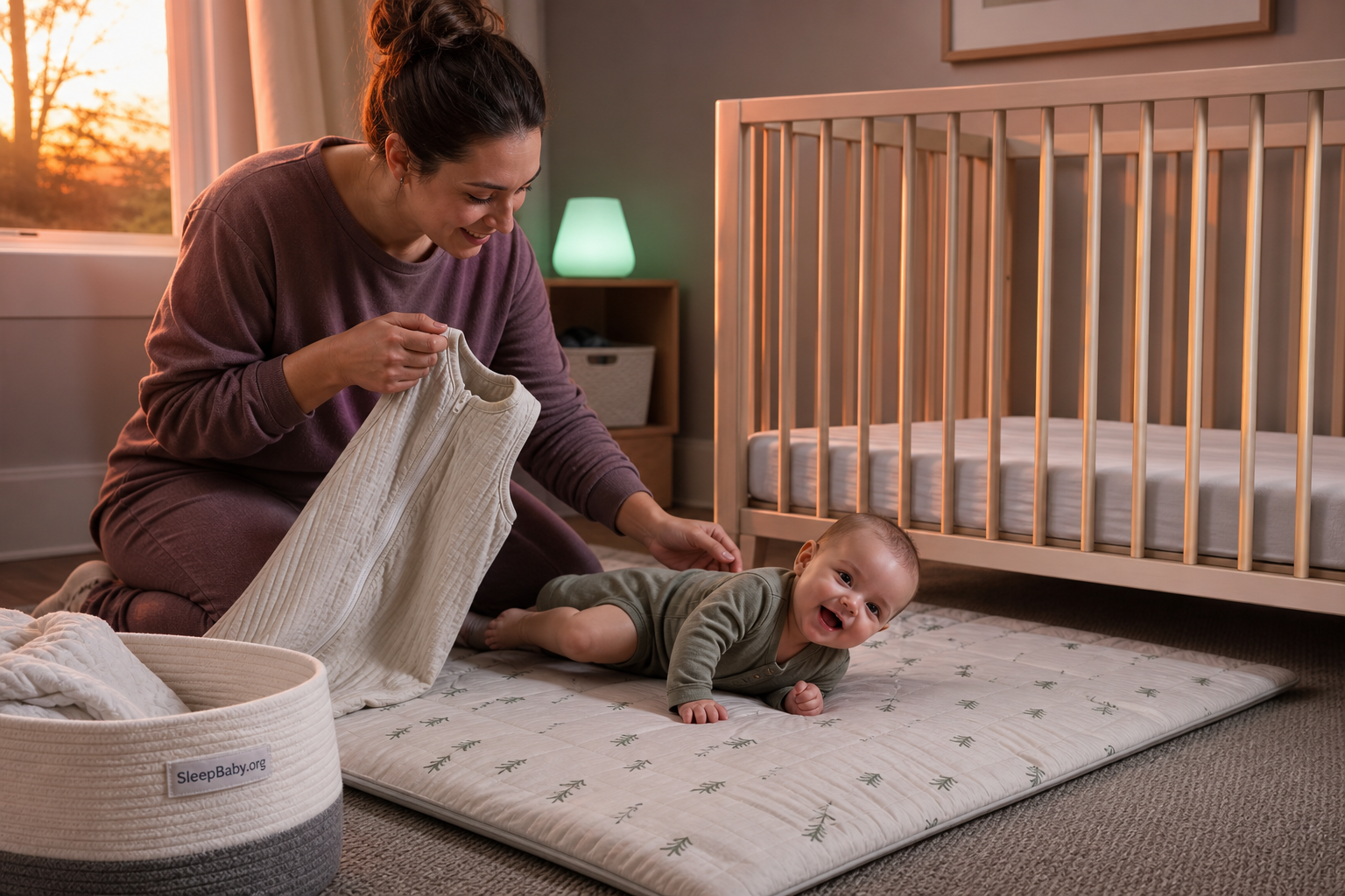 Mother prepares an arms-free sleep sack as her four-month-old rolls beside an empty crib.
