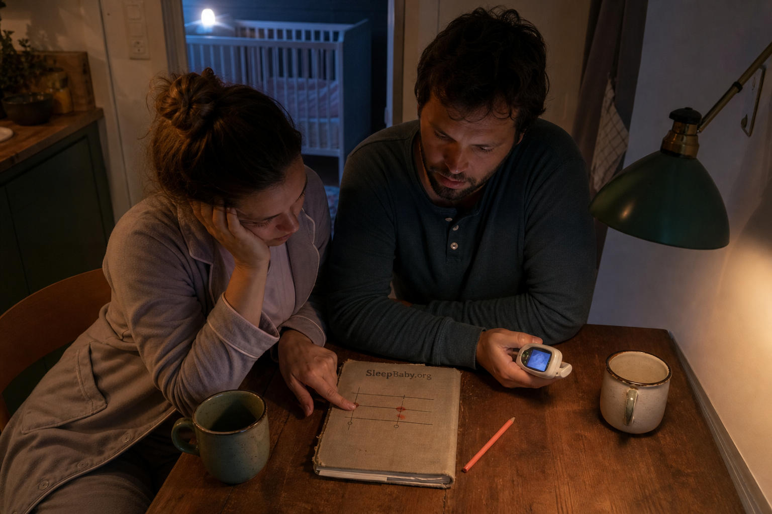 Parents compare three wake-pattern lines at night with a safe crib visible through the doorway.