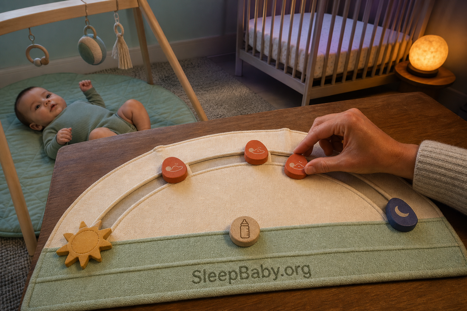 A caregiver moves one coral nap marker on a fabric day track while an awake baby plays near a bare crib and nightlight