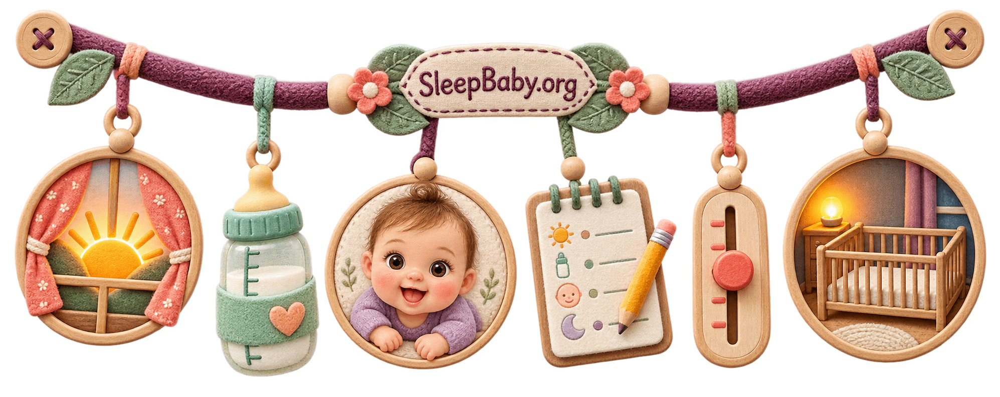 A transparent schedule ribbon links sunrise, feeding, an awake baby, observation notes, one timing slider, and a bare crib