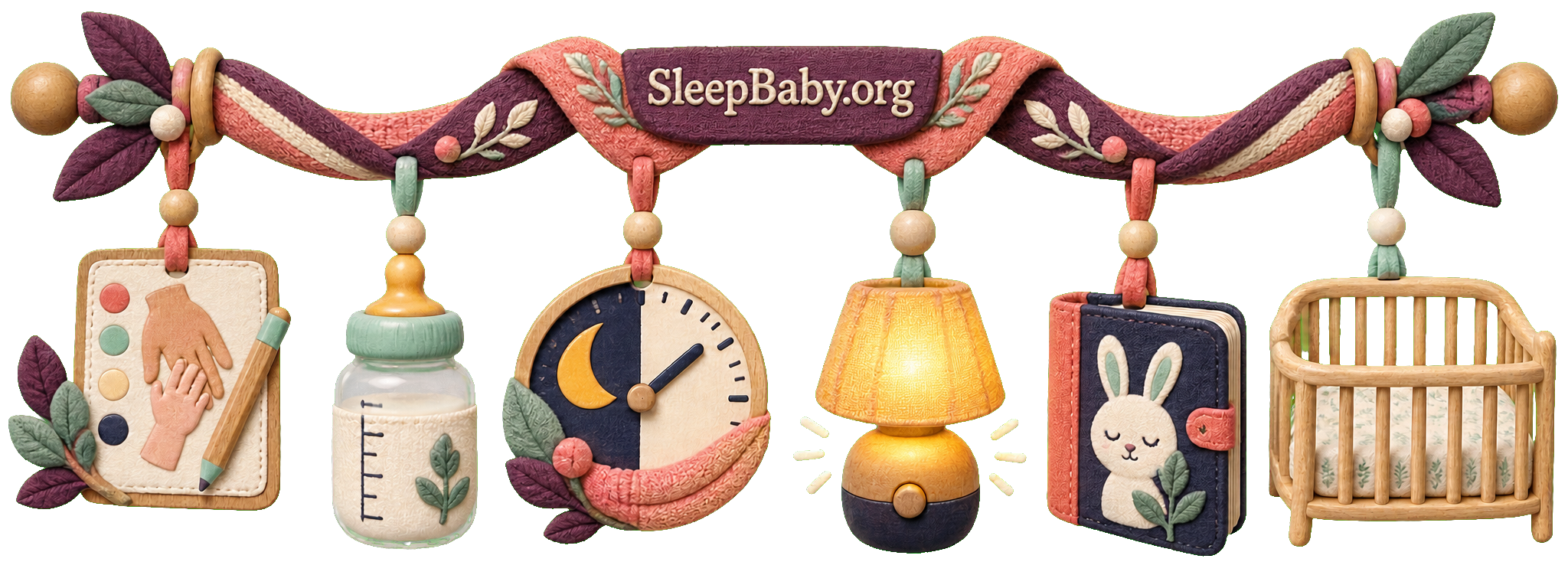 A transparent evening rail links a caregiver note, bottle, late-nap clock, dimming lamp, bedtime book, and bare crib
