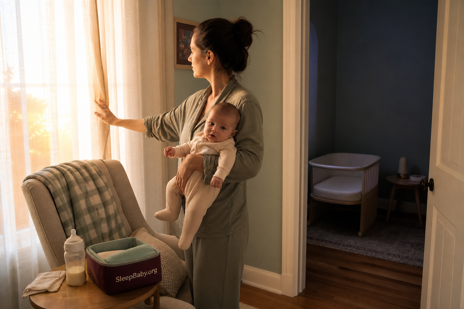 A caregiver opens morning curtains while holding an awake four-month-old beside a feeding chair and an empty bassinet