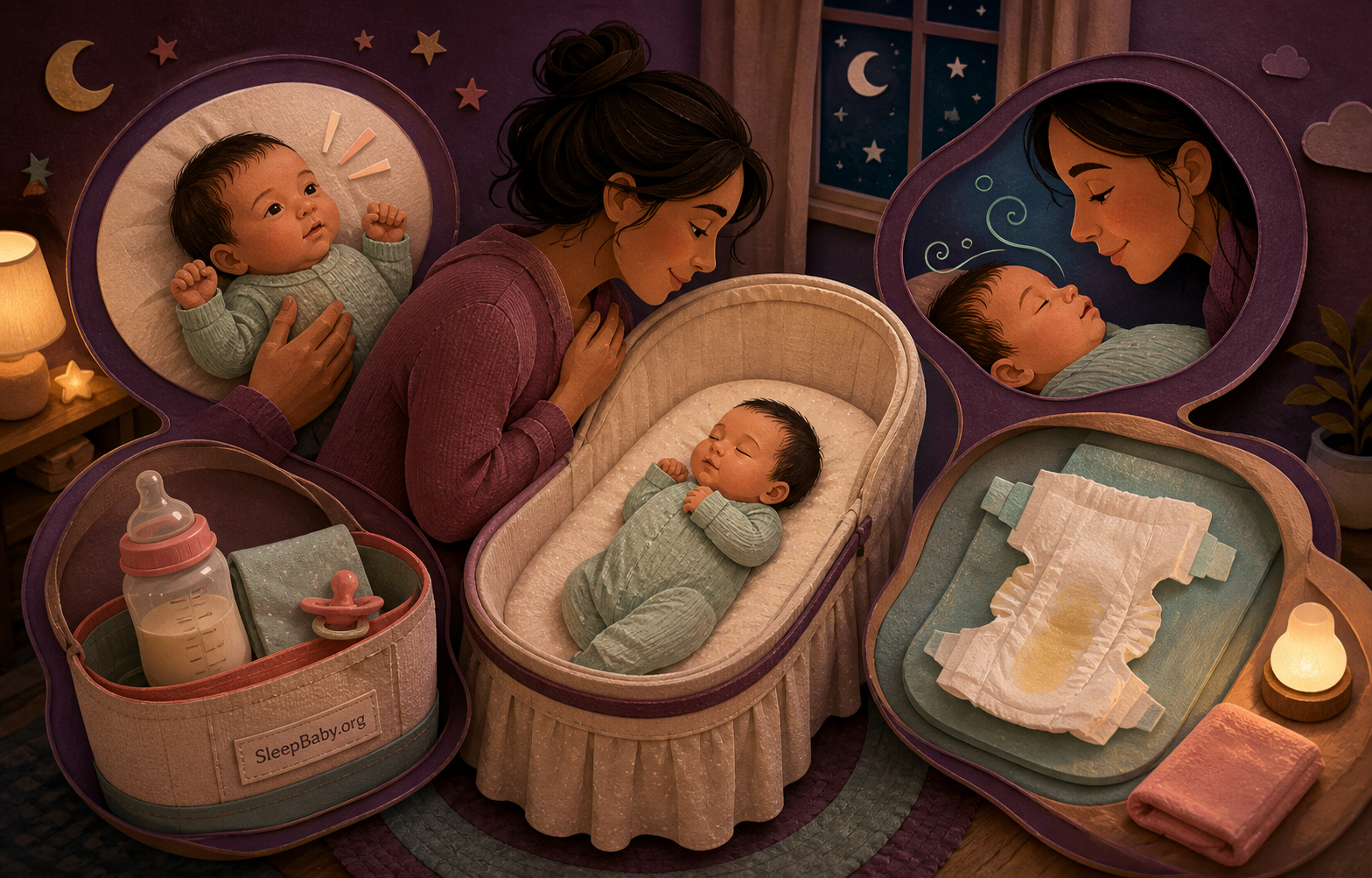 Parent observes a newborn in an empty bassinet beside feeding supplies and a clearly wet diaper during a nighttime four-check routine