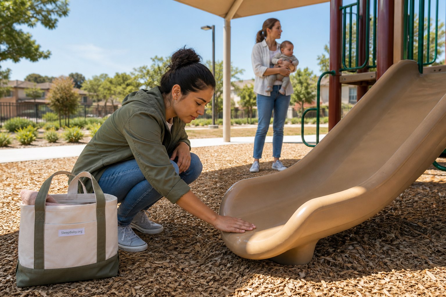 One caregiver tests a low slide surface with a hand while another holds a baby in the shade beside maintained wood-fiber surfacing.