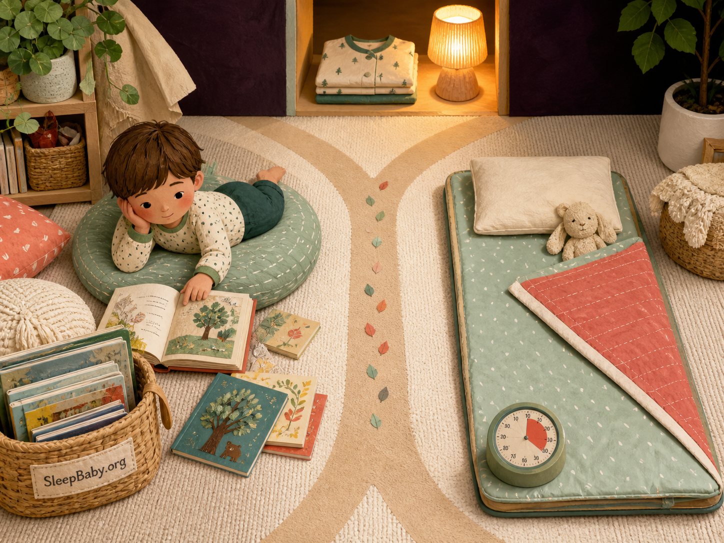 A preschooler choosing books for quiet time while a nap mat remains available nearby