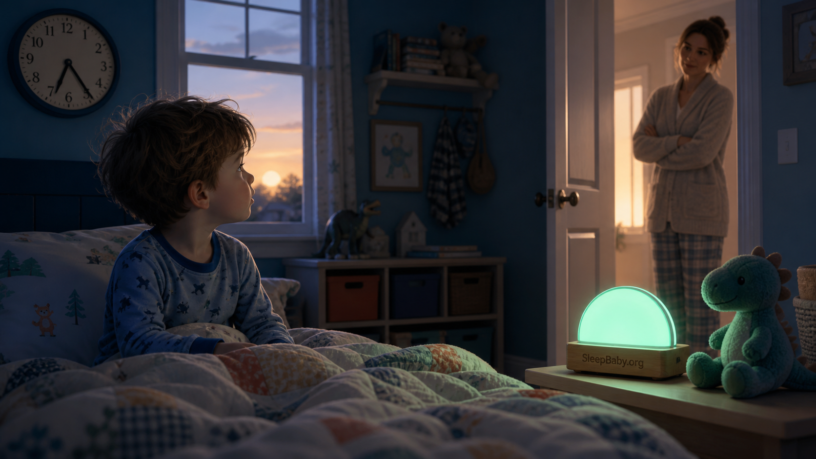 Soft dawn light in a preschool bedroom as a child waits for a familiar morning color cue